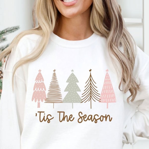 Graphic Sweatshirt, Christmas Holiday Design, pastel trees tis the season