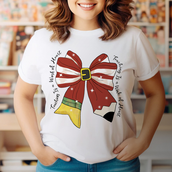 Graphic Tee, Tshirt, Christmas Work of Heart, Teacher, Bow, Plus Sizes