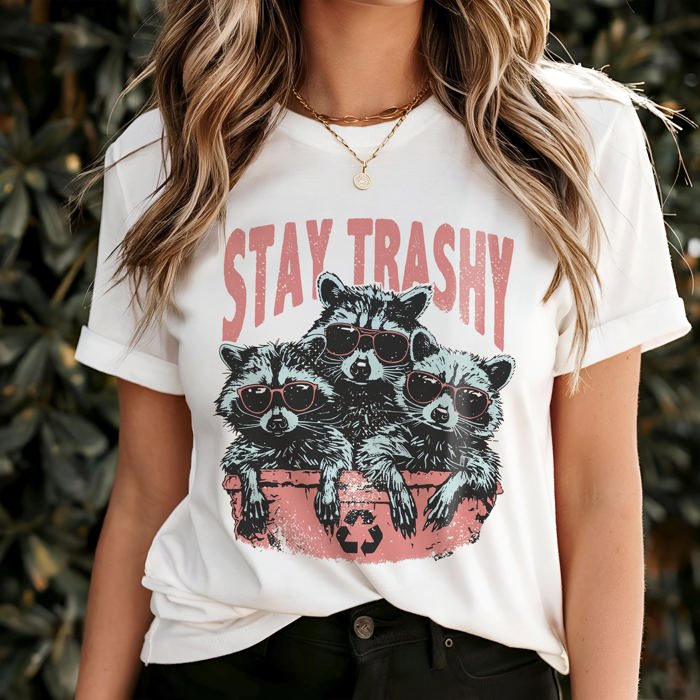 Graphic Tee, Tshirt, Retro Vintage Design, Funny, Cheeky, Stay Trashy Raccoons