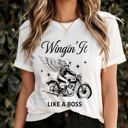  Graphic Tee, Tshirt, Retro Vintage Design, Wingin It Like A Boss, Motorcycle, Girl Boss