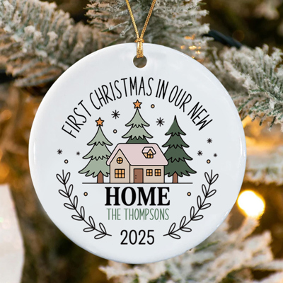 Custom Personalized Ornament, First Christmas In Our Home, Name, 2025