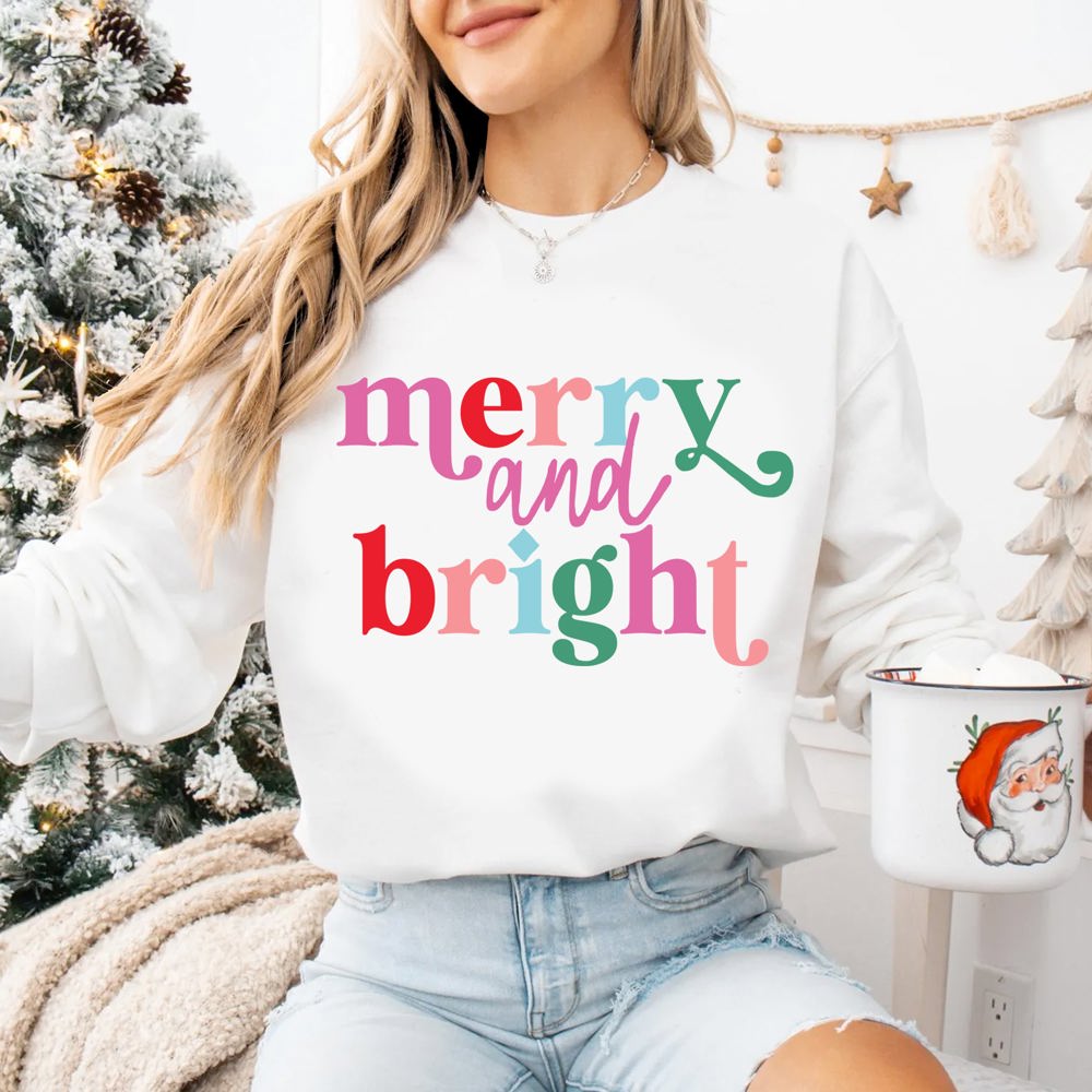 Graphic Sweatshirt, Christmas Holiday Design Merry and Bright