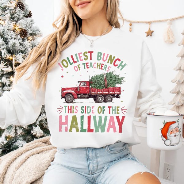 Graphic Sweatshirt, Christmas Holiday, Teacher, Jolliest this side of the hallway