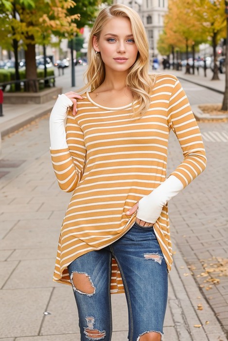 HI-LOW STRIPE TOP WITH COLOR BLOCK SLEEVE