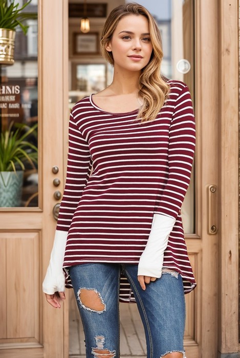 HI-LOW STRIPE TOP WITH COLOR BLOCK SLEEVE