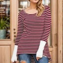 Small BURGUNDY HI-LOW STRIPE TOP WITH COLOR BLOCK SLEEVE