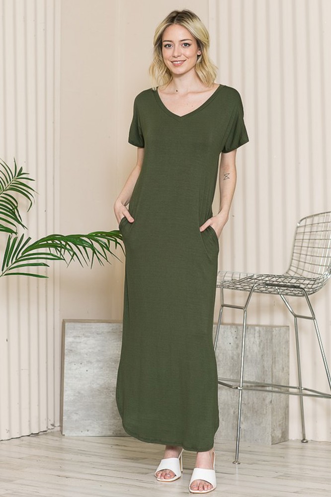 SHORT SLEEVE MAXI DRESS WITH SIDE SLIT AND POCKETS