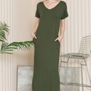 Small OLIVE SHORT SLEEVE MAXI DRESS WITH SIDE SLIT AND POCKETS