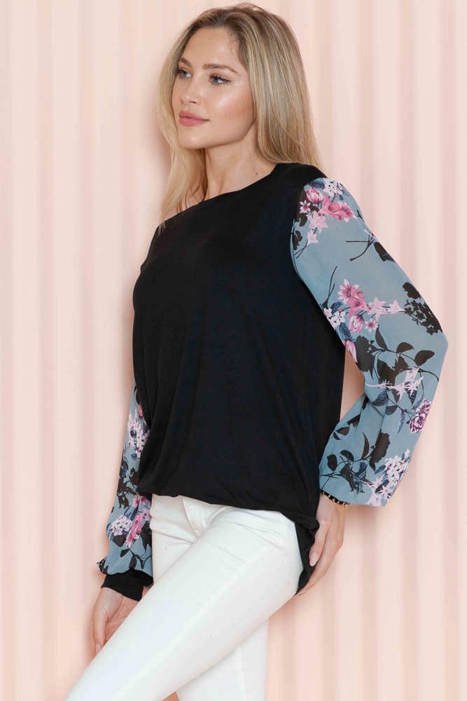 SOLID TUNIC WITH FLORAL CHIFFON SLEEVES