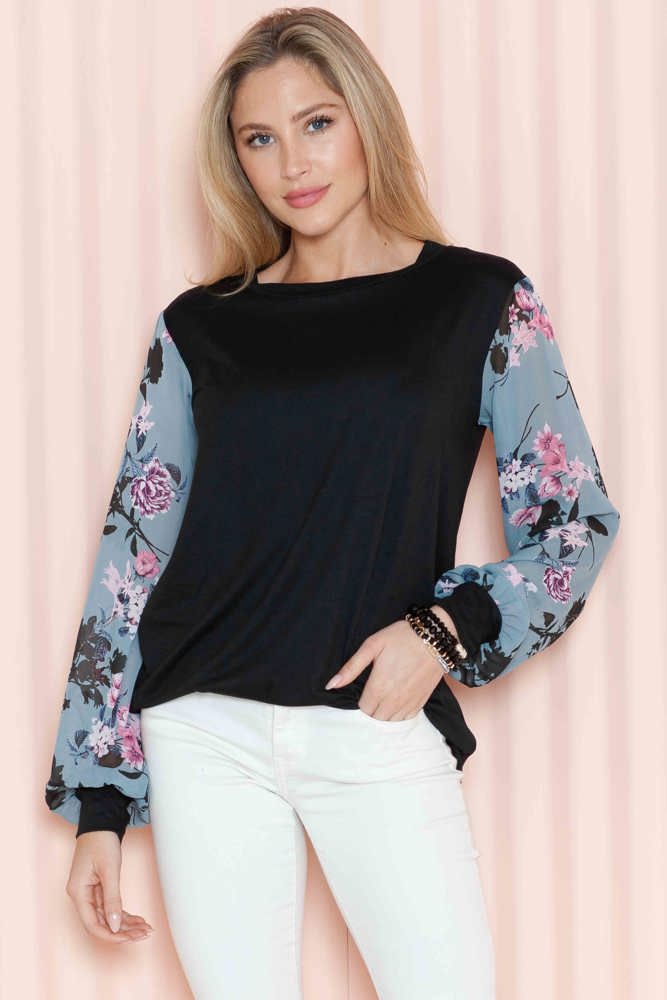 SOLID TUNIC WITH FLORAL CHIFFON SLEEVES