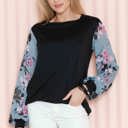 XL BLACK SOLID TUNIC WITH FLORAL CHIFFON SLEEVES