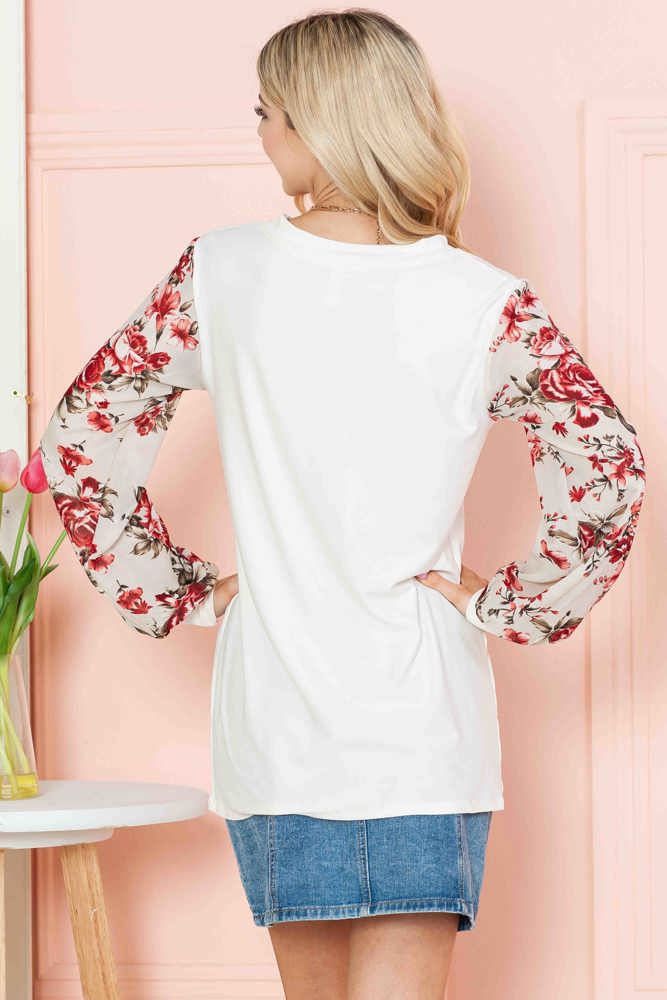 SOLID TUNIC WITH FLORAL CHIFFON SLEEVES