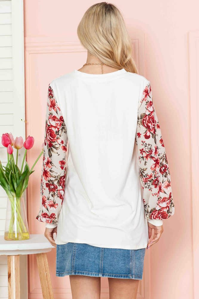 SOLID TUNIC WITH FLORAL CHIFFON SLEEVES