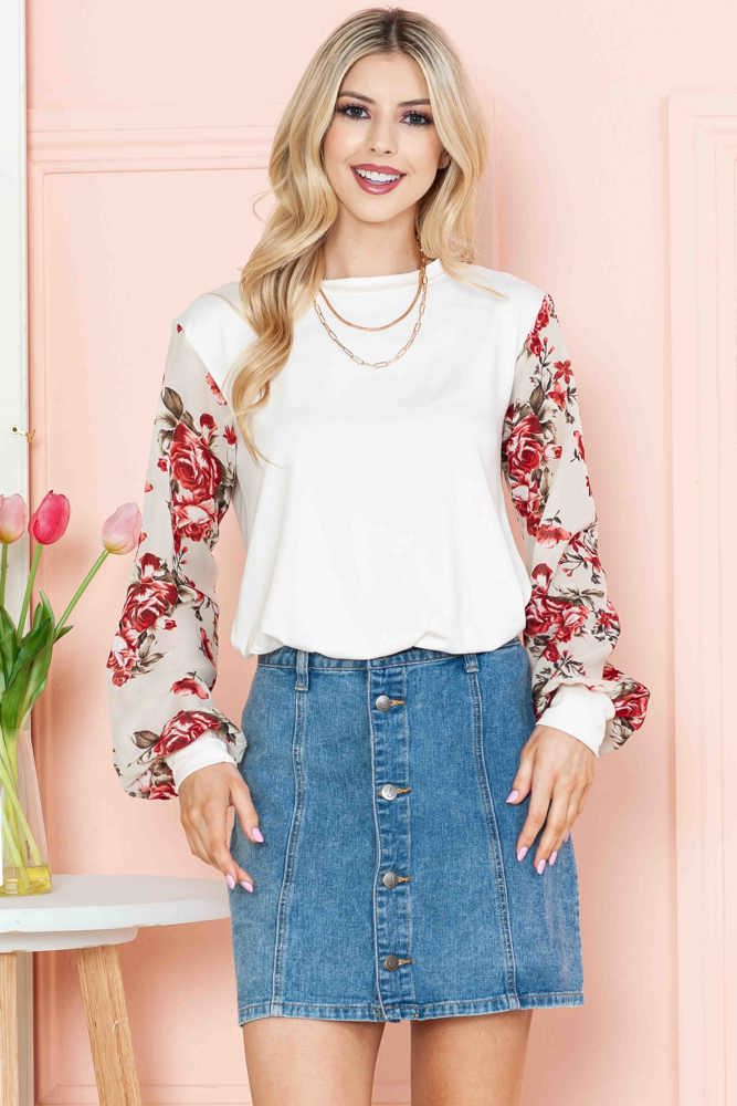 SOLID TUNIC WITH FLORAL CHIFFON SLEEVES