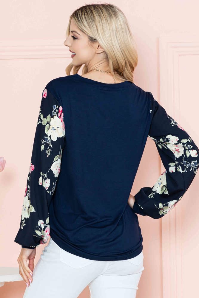 SOLID TUNIC WITH FLORAL CHIFFON SLEEVES