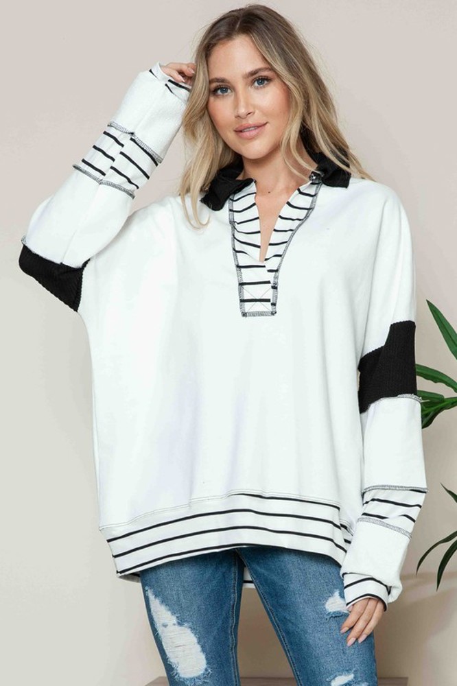 SOLID LOOSE FIT TOP WITH STRIPE CONTRAST