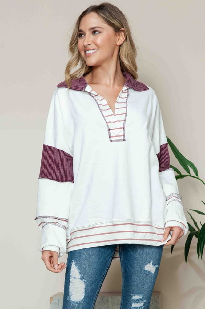 SOLID LOOSE FIT TOP WITH STRIPE CONTRAST