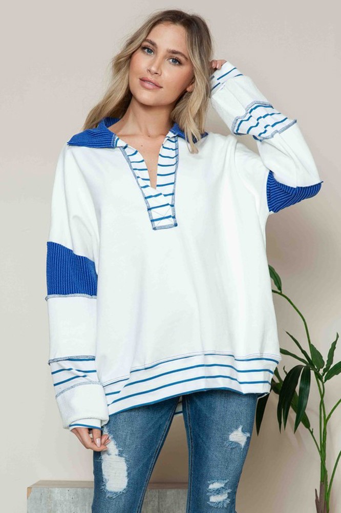 SOLID LOOSE FIT TOP WITH STRIPE CONTRAST