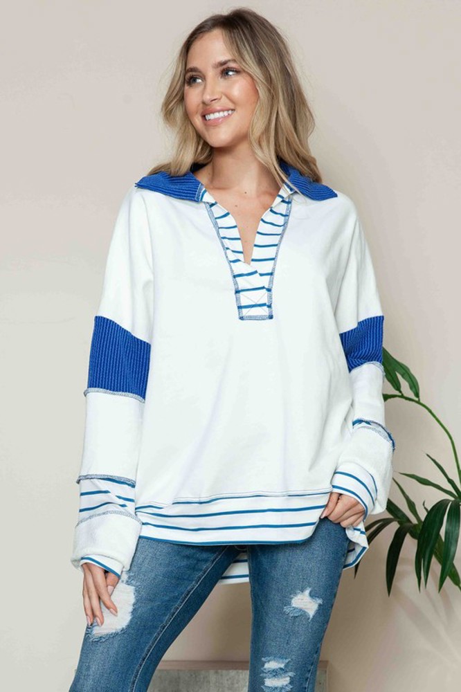 SOLID LOOSE FIT TOP WITH STRIPE CONTRAST