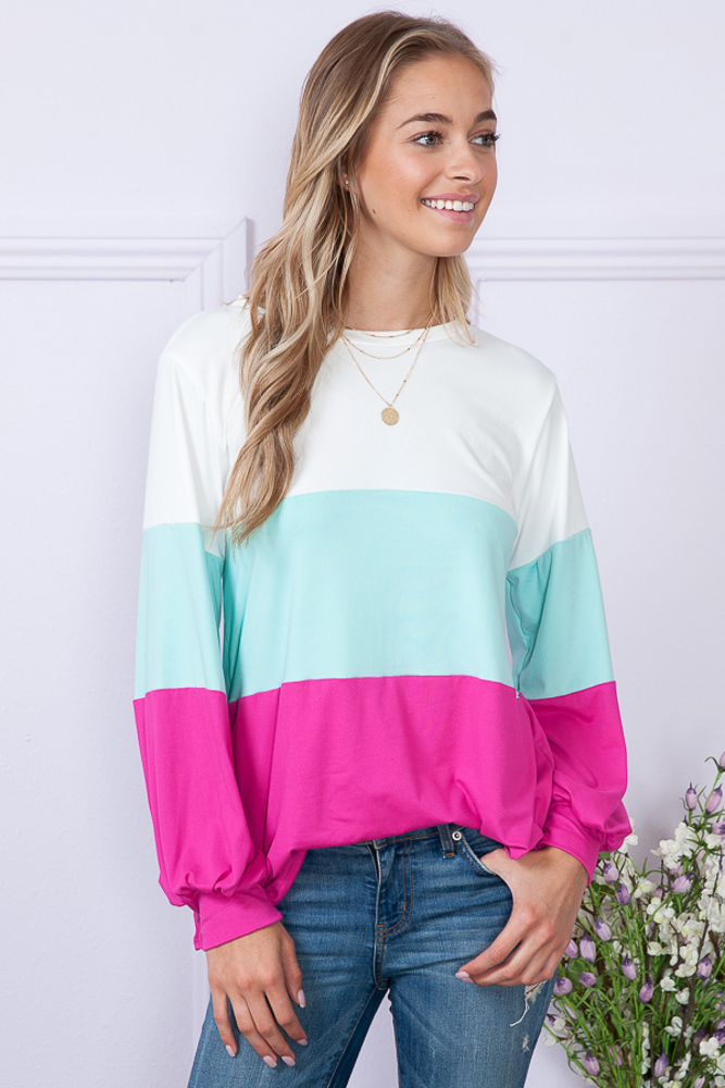 COLOR BLOCK LONG SLEEVE TUNIC TOP