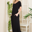 Small BLACK SHORT SLEEVE MAXI DRESS WITH SIDE SLIT AND POCKETS