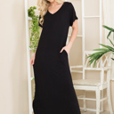 Large BLACK SHORT SLEEVE MAXI DRESS WITH SIDE SLIT AND POCKETS