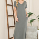 Medium SAGE  SHORT SLEEVE MAXI DRESS WITH SIDE SLIT AND POCKETS