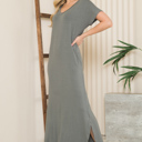 XL SAGE  SHORT SLEEVE MAXI DRESS WITH SIDE SLIT AND POCKETS