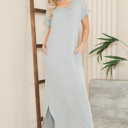 Small GREY SHORT SLEEVE MAXI DRESS WITH SIDE SLIT AND POCKETS