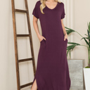 Small PLUM SHORT SLEEVE MAXI DRESS WITH SIDE SLIT AND POCKETS