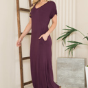 Small PLUM SHORT SLEEVE MAXI DRESS WITH SIDE SLIT AND POCKETS