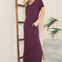 Medium PLUM SHORT SLEEVE MAXI DRESS WITH SIDE SLIT AND POCKETS