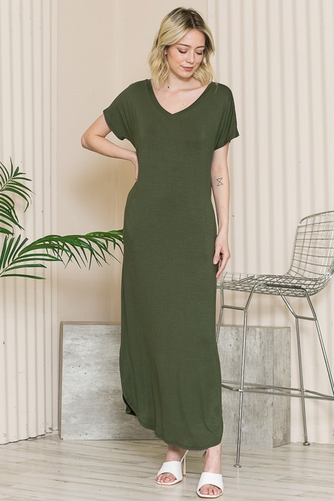 SHORT SLEEVE MAXI DRESS WITH SIDE SLIT AND POCKETS