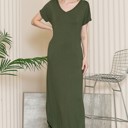 Small OLIVE SHORT SLEEVE MAXI DRESS WITH SIDE SLIT AND POCKETS