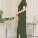 Small OLIVE SHORT SLEEVE MAXI DRESS WITH SIDE SLIT AND POCKETS