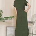 Small OLIVE SHORT SLEEVE MAXI DRESS WITH SIDE SLIT AND POCKETS