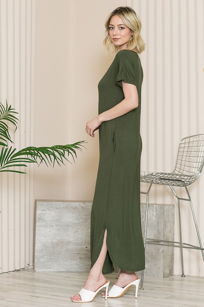 SHORT SLEEVE MAXI DRESS WITH SIDE SLIT AND POCKETS