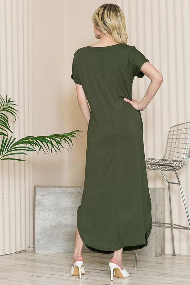 SHORT SLEEVE MAXI DRESS WITH SIDE SLIT AND POCKETS