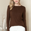 Medium BROWN ROUNDED BOTTOM SOLID BASIC LONG SLEEVE TOP