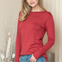 Large BURNT RED ROUNDED BOTTOM SOLID BASIC LONG SLEEVE TOP