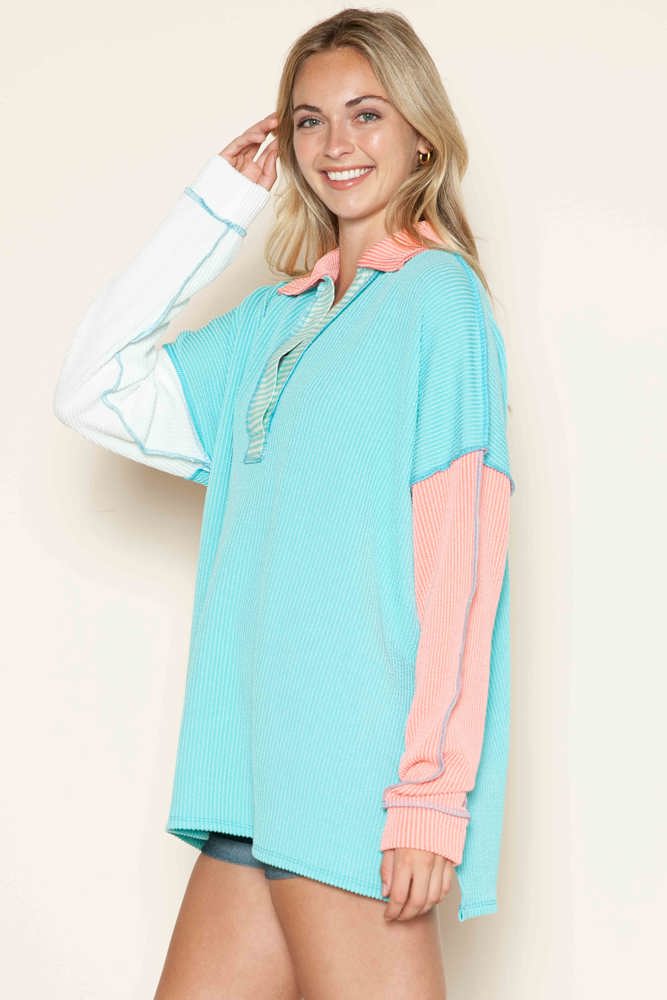 OVERSIZED POLO WAVE RIB TUNIC WITH CONTRAST  