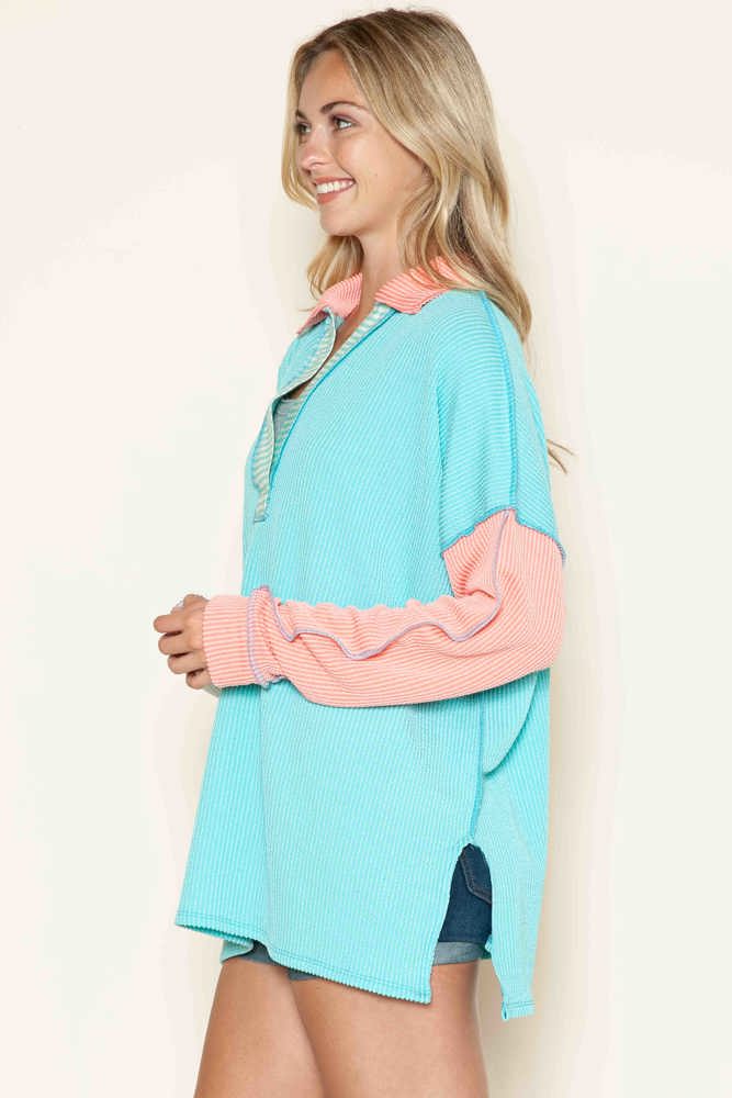 OVERSIZED POLO WAVE RIB TUNIC WITH CONTRAST  