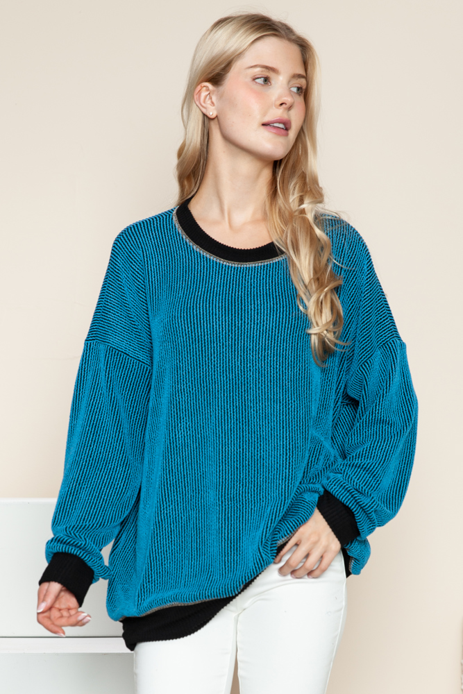 OVERSIZED TWO COLOR WAVE RIB SWEATSHIRT