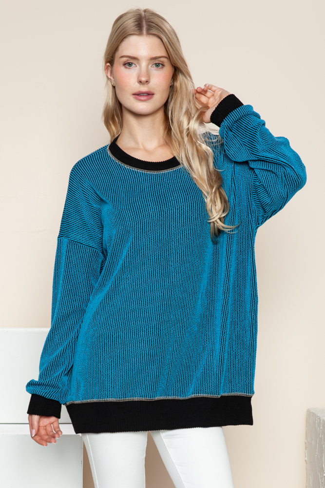 OVERSIZED TWO COLOR WAVE RIB SWEATSHIRT