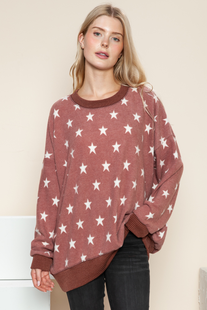 BRUSHED STAR PRINT SWEATSHIRT WITH SIDE SLIT 