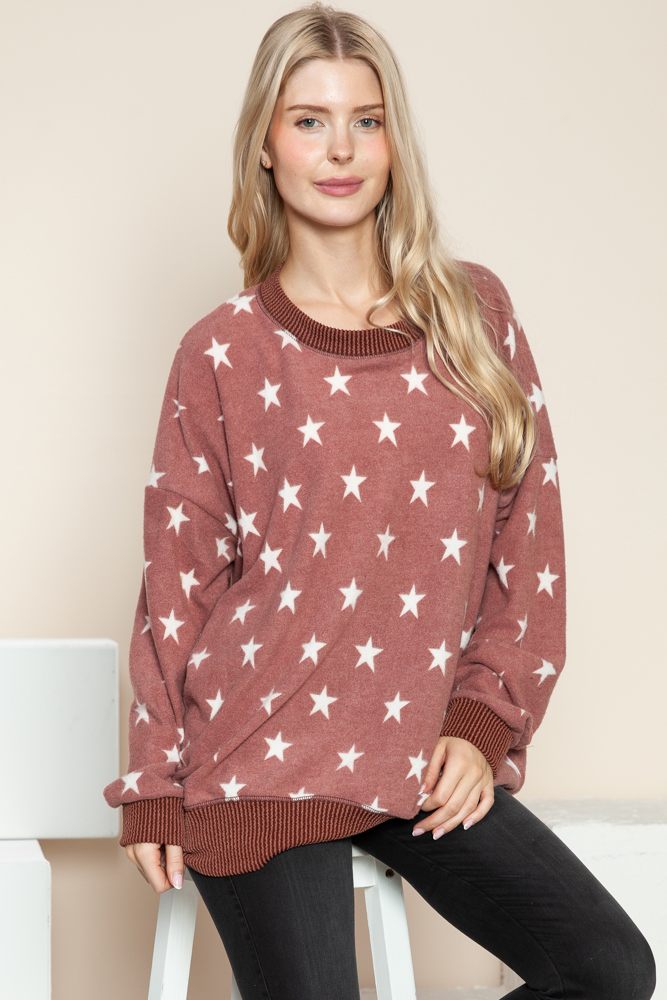 BRUSHED STAR PRINT SWEATSHIRT WITH SIDE SLIT 