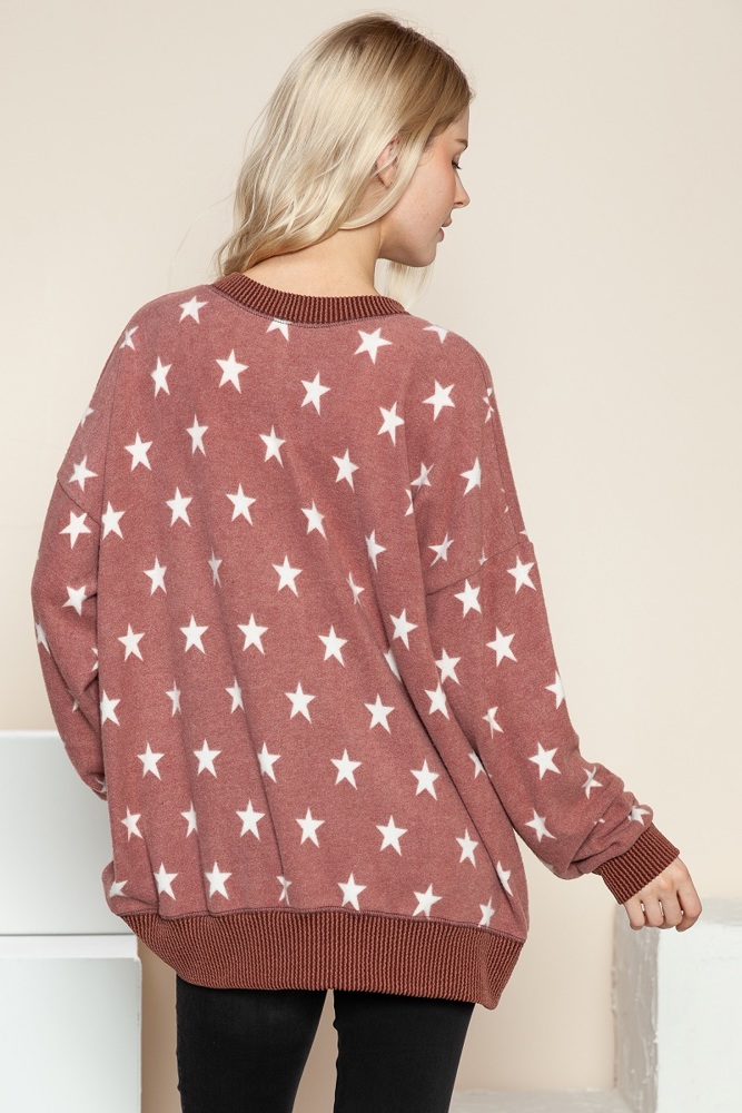 BRUSHED STAR PRINT SWEATSHIRT WITH SIDE SLIT 