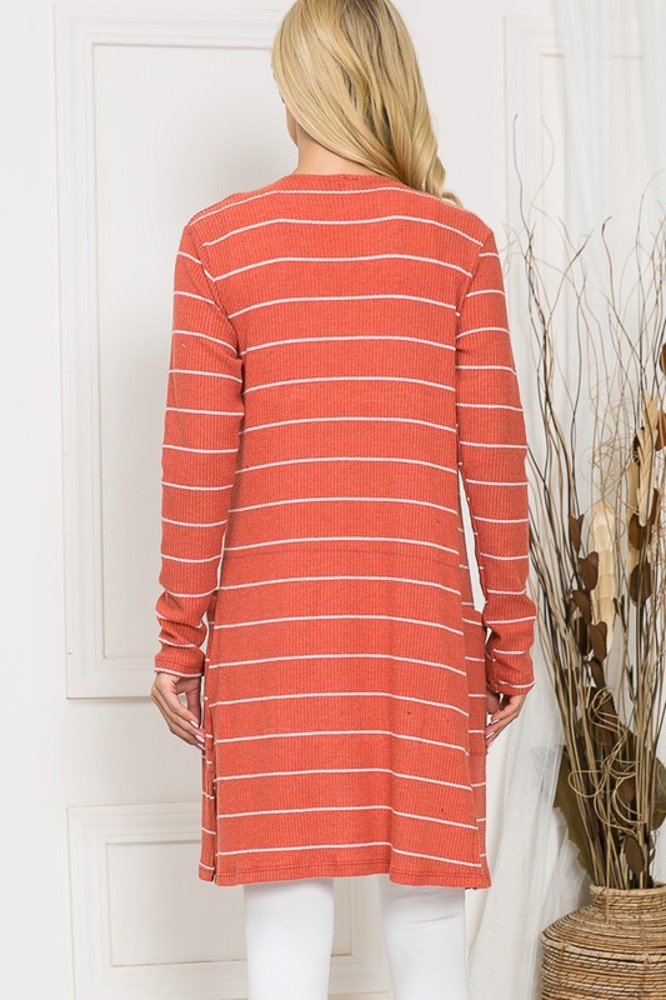 STRIPE MIDI OPEN CARDIGAN WITH SIDE POCKETS