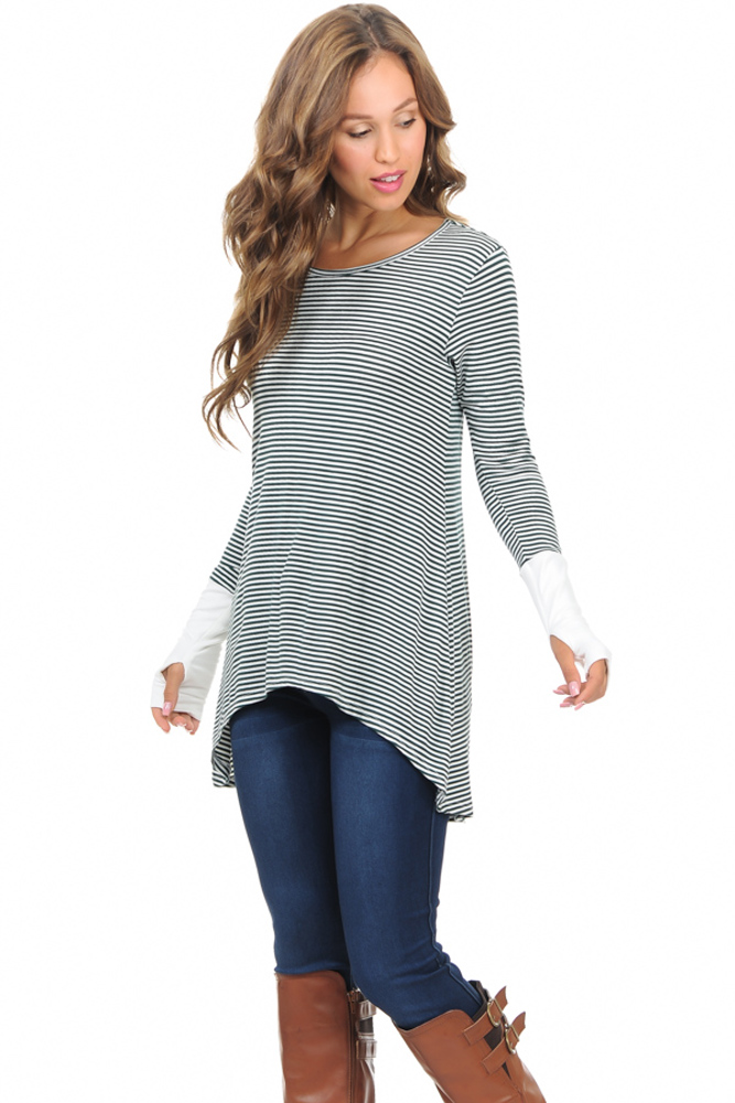 HI-LOW STRIPE TUNIC WITH THUMB HOLE