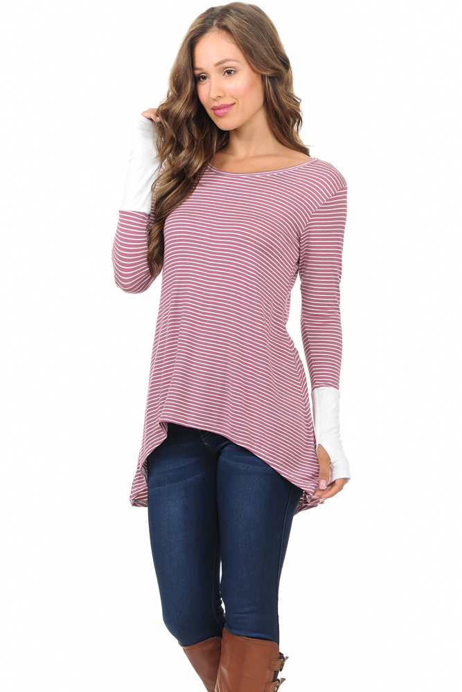 HI-LOW STRIPE TUNIC WITH THUMB HOLE